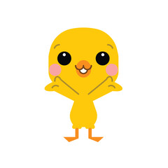 Cute yellow baby chicken chick smiling with wide open arms and standing on the ground. Welcoming with a cheerful, simple flat cartoon style.Vector illustration.
