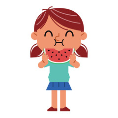 Girl is eating a big slice of watermelon with a good appetite. Funny cartoon character. Vector illustration isolated on white background.