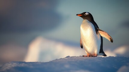 Fototapeta premium A penguin standing on snow with a cloudy sky in the background