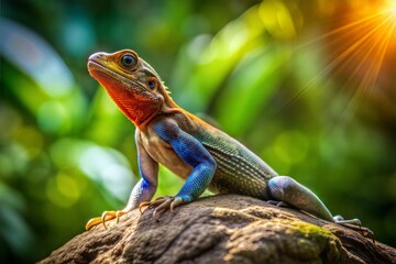Obraz premium Blue and green lizard basking in sunlight in rainforest