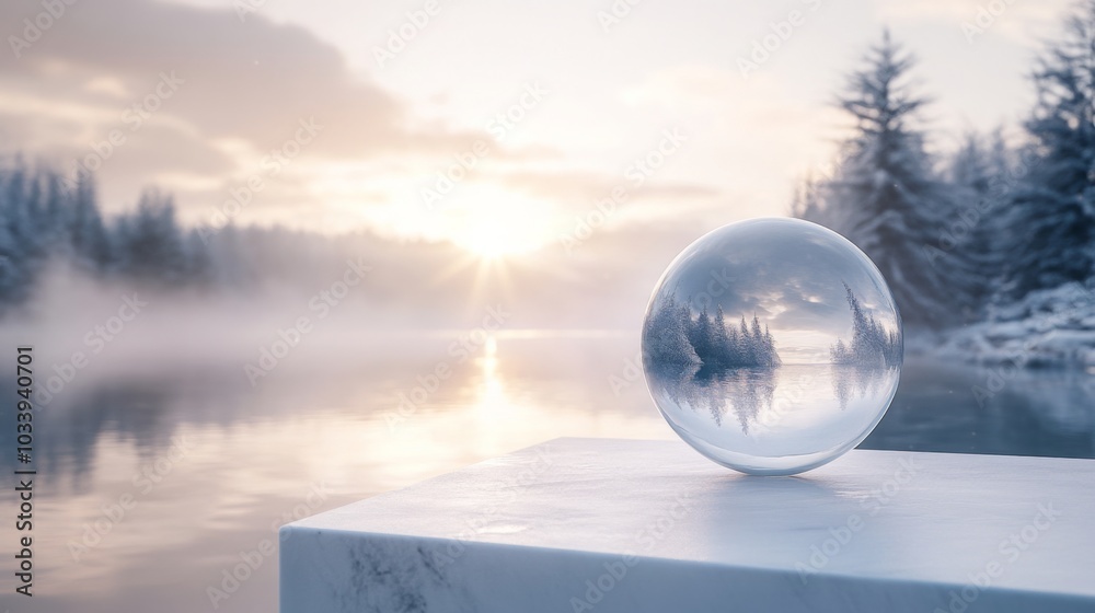 Poster A crystal ball rests on a smooth surface, capturing the reflection of snow-covered trees and a calm lake at sunrise. The soft light and mist create a magical winter atmosphere.