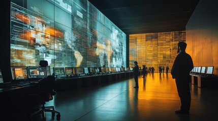 Monitoring station with multiple screens analyzing global data for cybersecurity and intelligence, showing people at work. Use in security operations, data analysis, and intelligence agencies.