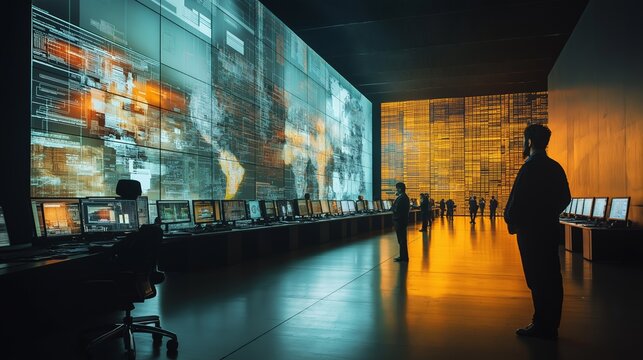 Monitoring station with multiple screens analyzing global data for cybersecurity and intelligence, showing people at work. Use in security operations, data analysis, and intelligence agencies.