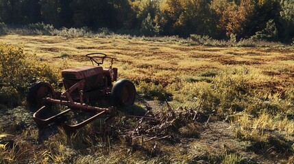 Obraz premium Abandoned fields with rusting farming equipment, Realism, high detail, warm light, symbolizing agricultural disruption