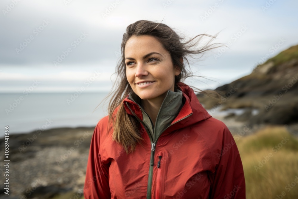 Wall mural Portrait of a smiling woman in her 30s wearing a windproof softshell in serene seaside background