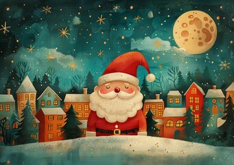 Santa Claus enjoying a winter night in a small festive village under a starry sky and a bright moon