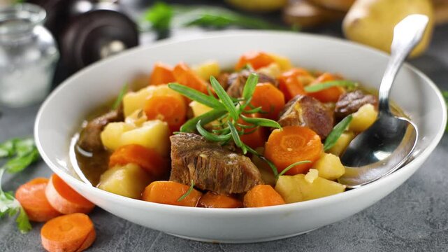 homemade beef stew with broth, carrot and potatoes