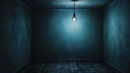Dark empty room with single flickering light bulb casting long shadows, emphasizing absence of power and eerie atmosphere, minimalist setting with focus on light bulb's glow.