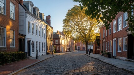 Obraz premium Historic cobblestone street at sunrise with charming brick homes and elegant trees