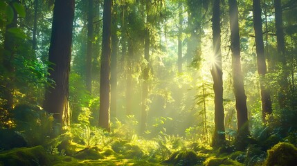 Sunlight streams through the dense canopy of a lush green forest, illuminating the mossy ground and creating a magical atmosphere.