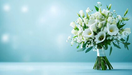 Beautiful white flower bouquet with soft blue background.
