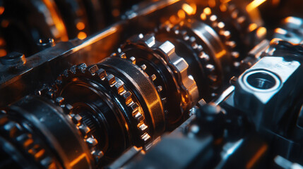 Naklejka premium Close-up of intricate mechanical gears in a machine, showcasing engineering and design.