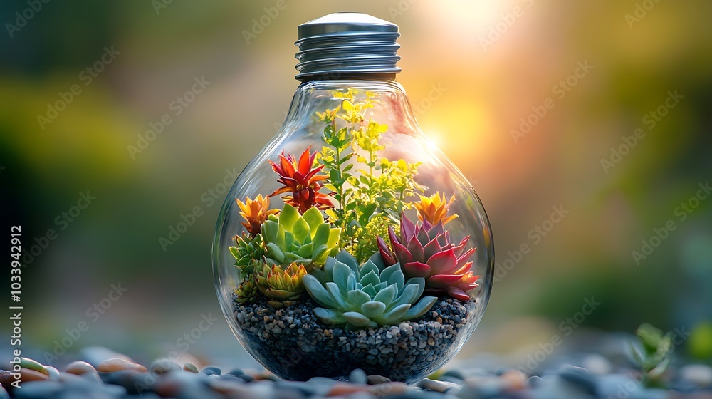 Canvas Prints A lightbulb-shaped glass terrarium with vibrant succulents and smooth pebbles, set against a clean white background, the glass reflecting sunlight,