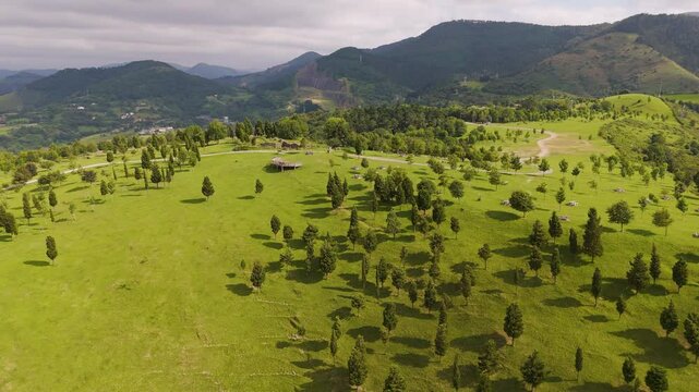 Aerial footage of the hiking areas on the green mountains in Bilbao city in Basque Country, Spain