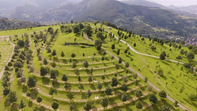 Aerial footage of the terraced fields on the mountains near Bilbao city in Basque Country, Spain