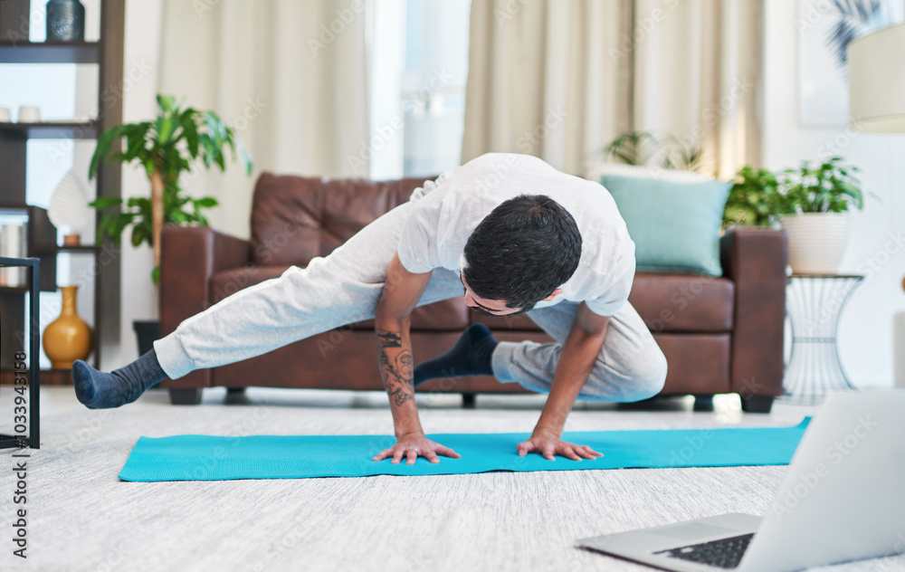 Wall mural fitness, crow pose and man with yoga in home for flexibility, mindfulness and wellness exercise. cha