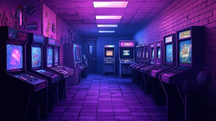 Retro arcade with neon lights and empty gaming machines