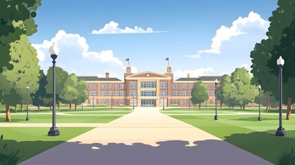 Flat vector illustration of the front view exterior of an American high school building, with simple flat colors on a white background