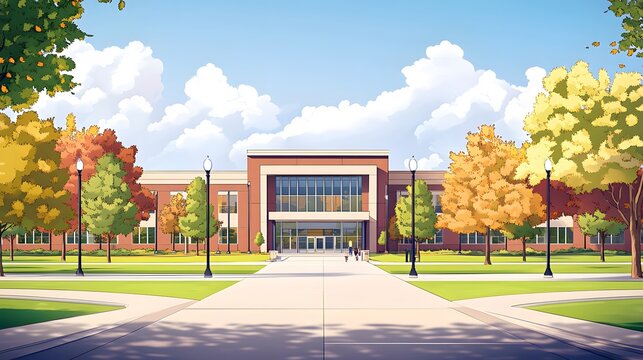 Flat vector illustration of the front view exterior of an American high school building, with simple flat colors on a white background