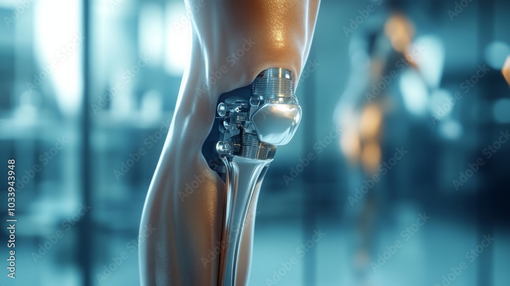 Aufkleber A close-up view of an advanced robotic knee joint is displayed in a modern laboratory