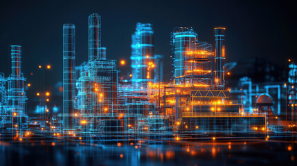 Futuristic industrial landscape with glowing structures and digital elements.