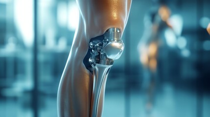 A close-up view of an advanced robotic knee joint is displayed in a modern laboratory