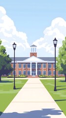 Flat vector illustration of the front view exterior of an American high school building, with simple flat colors on a white background