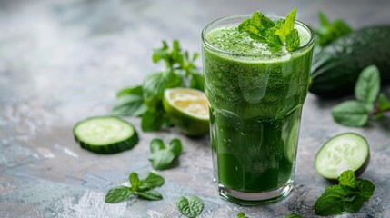 Fototapeta premium glass of green smoothie on a light table, Generative AI,