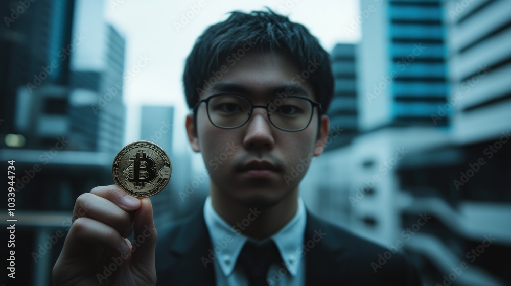 Poster A Man in a Suit Holds a Bitcoin in Front of a Cityscape