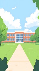 Flat vector illustration of the front view exterior of an American high school building, with simple flat colors on a white background