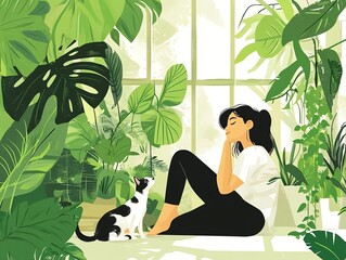 Human drawing in a green living environment, blooming plants, pet companion, unique character style, flat design illustration