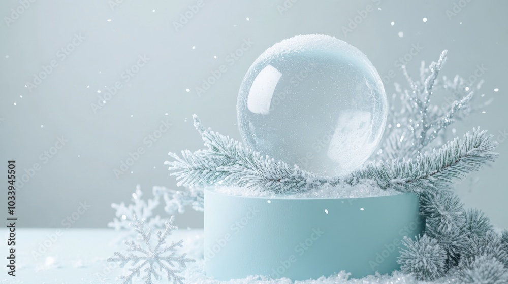 Poster A clear snow globe is sitting on a light blue base surrounded by faux snow and evergreen branches that are covered in frost. There is a light blue background with falling snow particles.