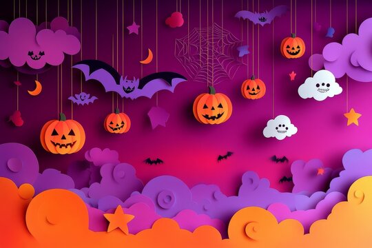 Vibrant Halloween paper cut card design featuring purple and orange background with whimsical hanging decorations like bats, pumpkins, and candy.