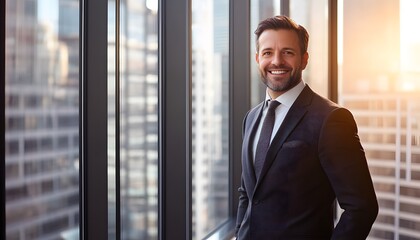Confident Businessman Smiling by Window in Modern Office Building