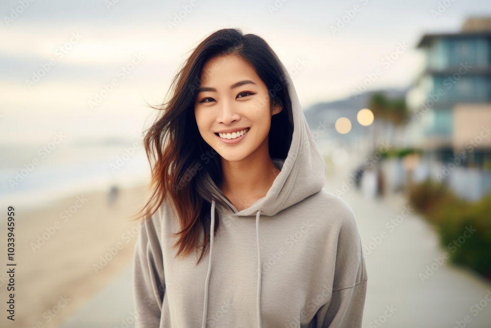 Wall mural Portrait of a cheerful asian woman in her 20s dressed in a comfy fleece pullover over bustling beach resort background