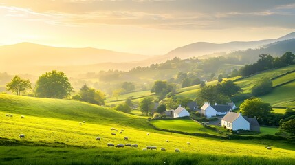 Obraz premium A picturesque village nestled in rolling green hills, bathed in the golden light of a setting sun, with sheep grazing peacefully on the slopes.