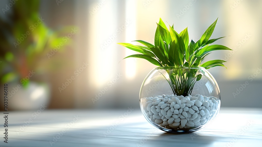 Canvas Prints A minimalist glass terrarium with a single, vibrant green plant surrounded by smooth white pebbles, set against a clean and simple backdrop,