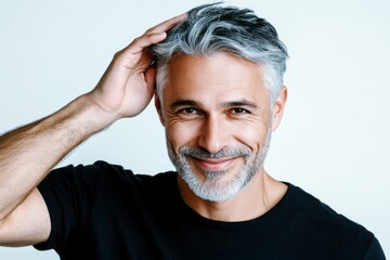 Obraz premium Smiling happy middle-aged man with gray hair touching his head, promoting barbershop services and haircare products for mature men, portrait of confident male model on white background