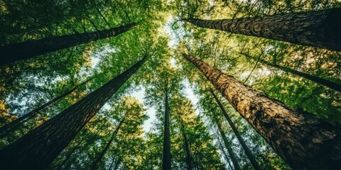 Obraz premium Majestic tall trees with wild vines in a dense forest, looking up at lush green canopy, serene natural landscape showcasing the beauty of untouched wilderness