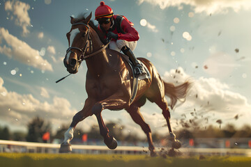 A focused jockey in red silks races a powerful chestnut horse, capturing the thrill of horse racing against a vivid sunset backdrop.