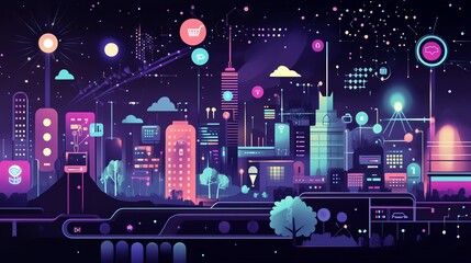 Large object representing coding, secure checkout, wellness, network infrastructure, and environmental protection, flat design illustration