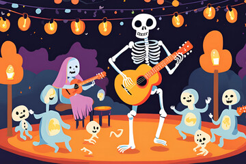 A skeleton playing a guitar