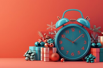 Vintage clock with Christmas gifts, red background