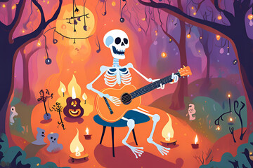 A skeleton playing a guitar