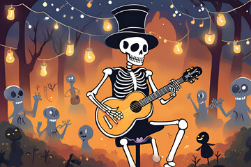 A skeleton playing a guitar
