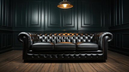 Black Leather Sofa in a Room with a Dark Green Wall