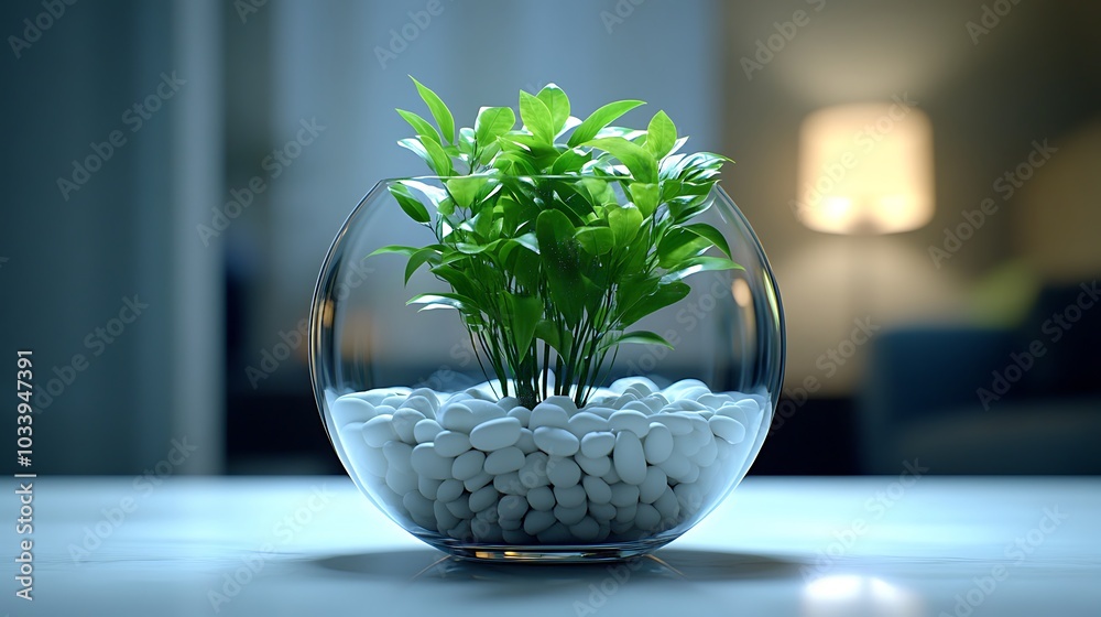 Poster A minimalist terrarium featuring a single, vibrant green plant surrounded by smooth white pebbles,