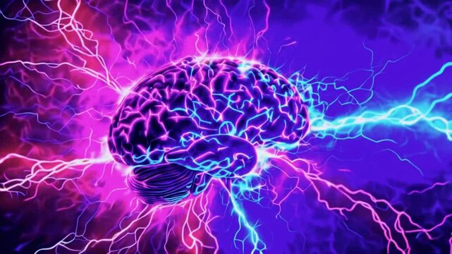 A storm of neon lights colors rages brain, intense burst of creativity. Lightning bolts electric blue magenta strike brain, pulse change color sync storm, powerful mental energy, 4k Animation Video