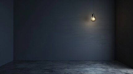 Dark empty room with single flickering light bulb casting long shadows, emphasizing absence of power and eerie atmosphere, minimalist setting with focus on light bulb's glow.