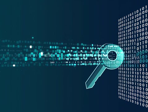 Flat design scene of a binary code matrix with a key emerging from it, representing the solution to unlocking digital security